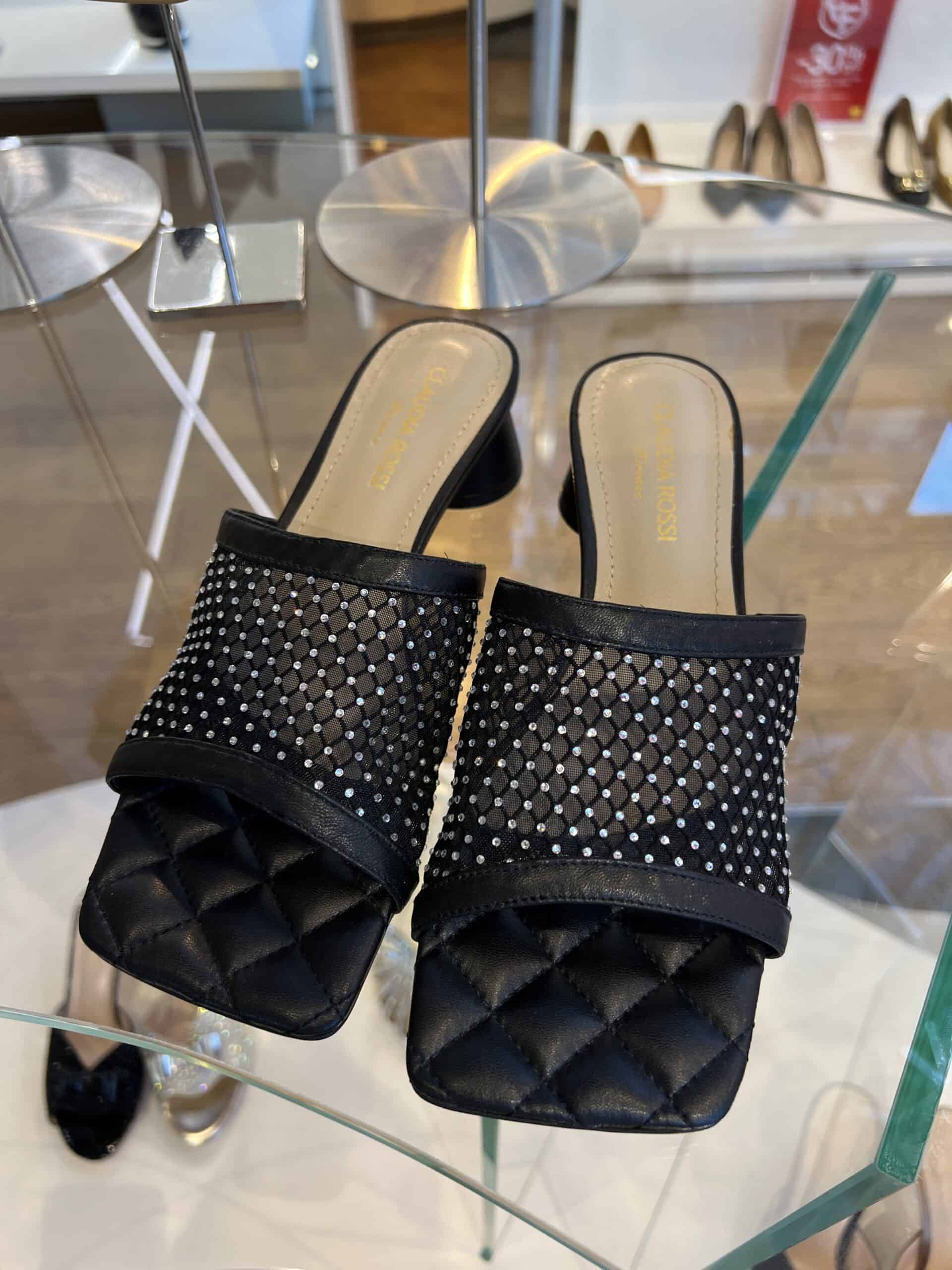 10 retail women ss23 sandals mule square block heels leather matelasse mesh crystals black lafayette