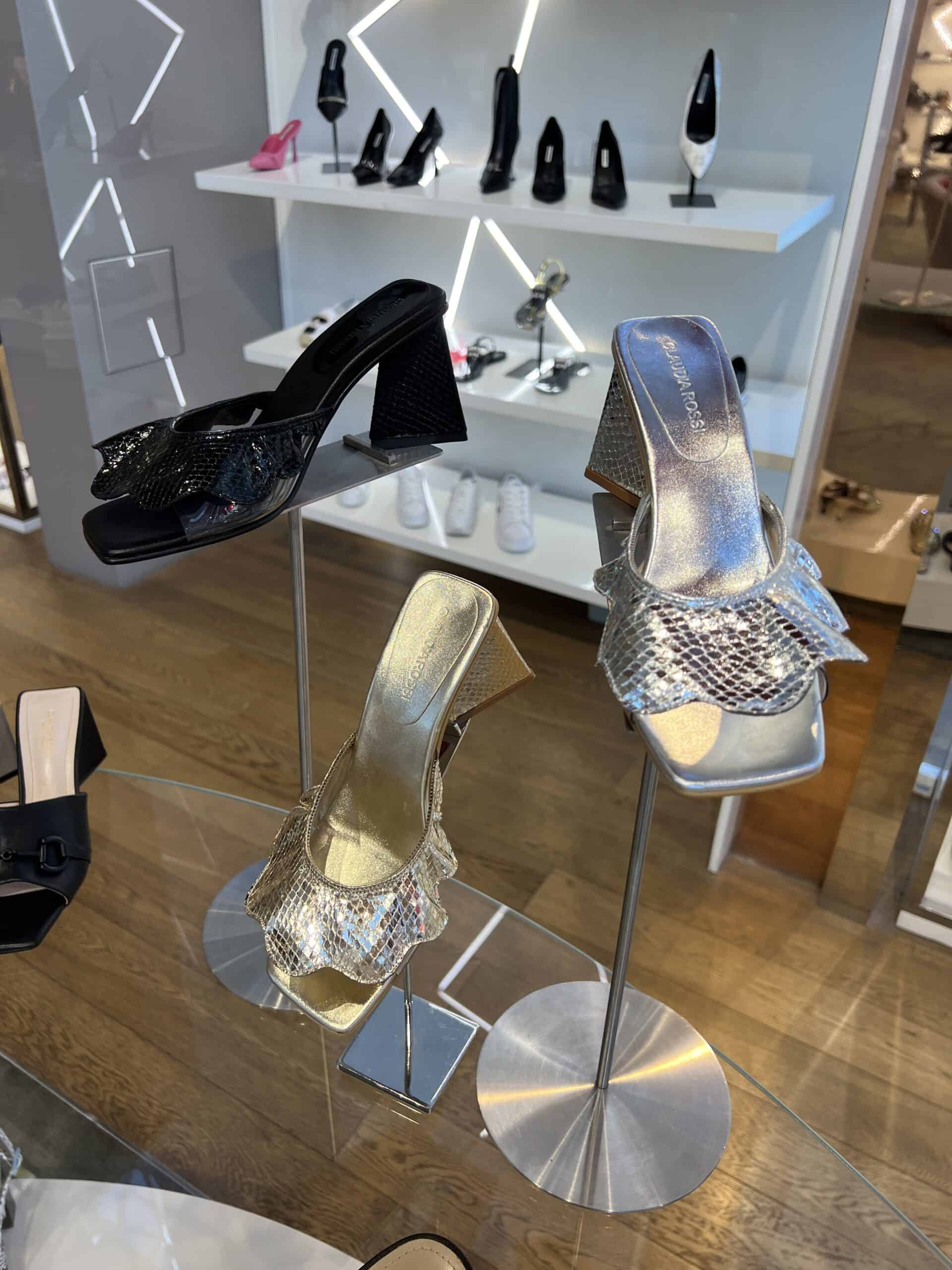 7 retail women ss23 sandals mule block heels square leather metallics snake black gold silver lafayette