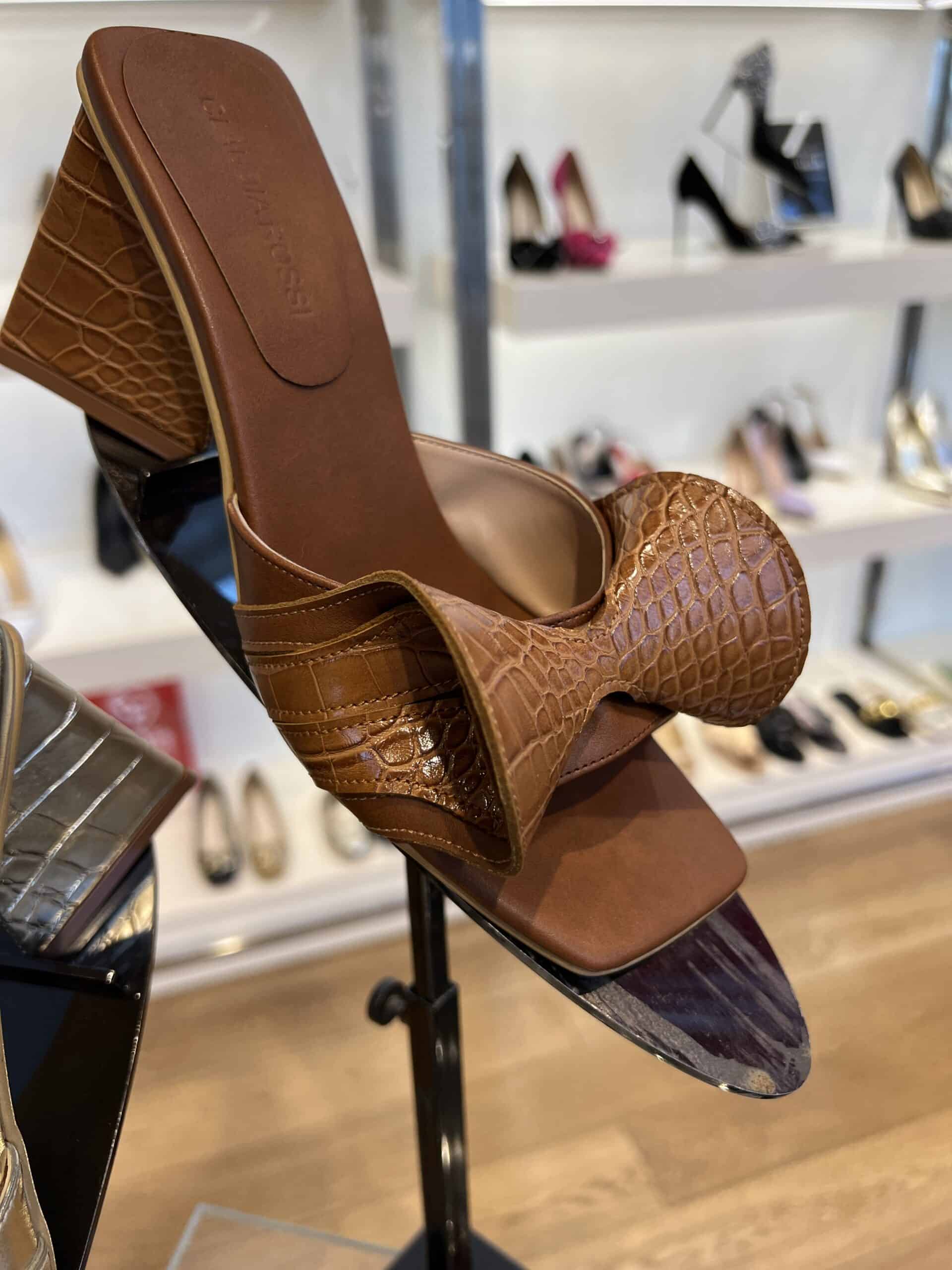 9 retail women ss23 sandals mule block heels square leather metallics snake bows brown lafayette