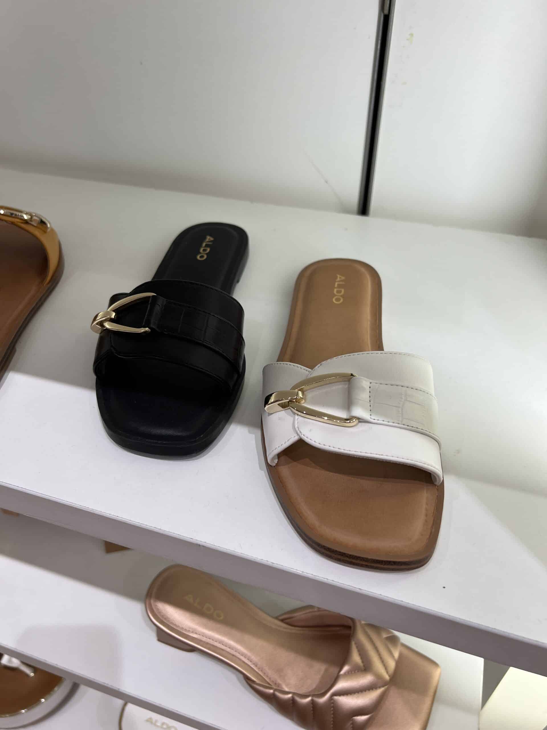 retail women ss23 flat sandals slide leather croco metals black white aldo