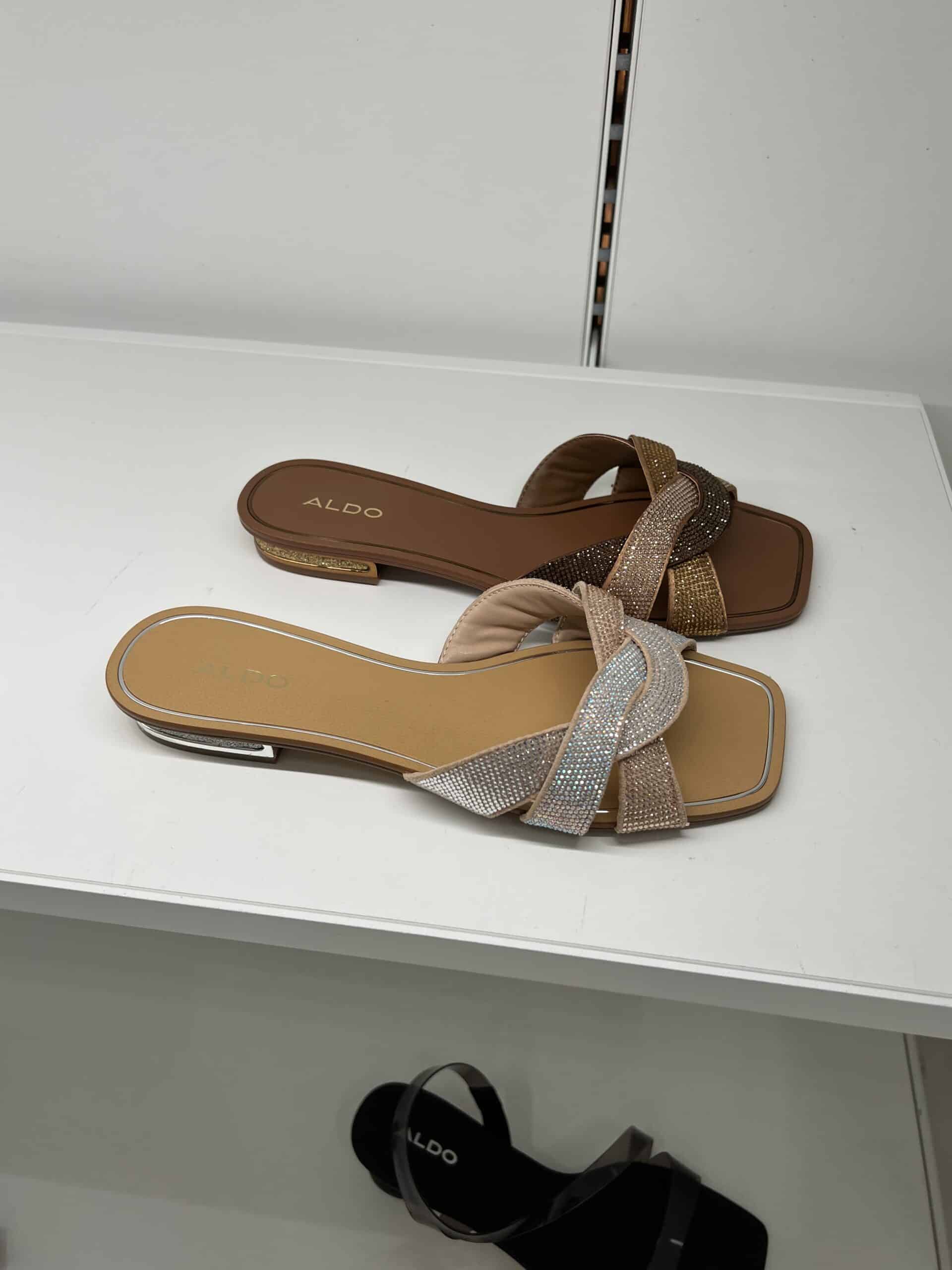 retail women ss23 flat sandals slide leather crystals beige brown aldo