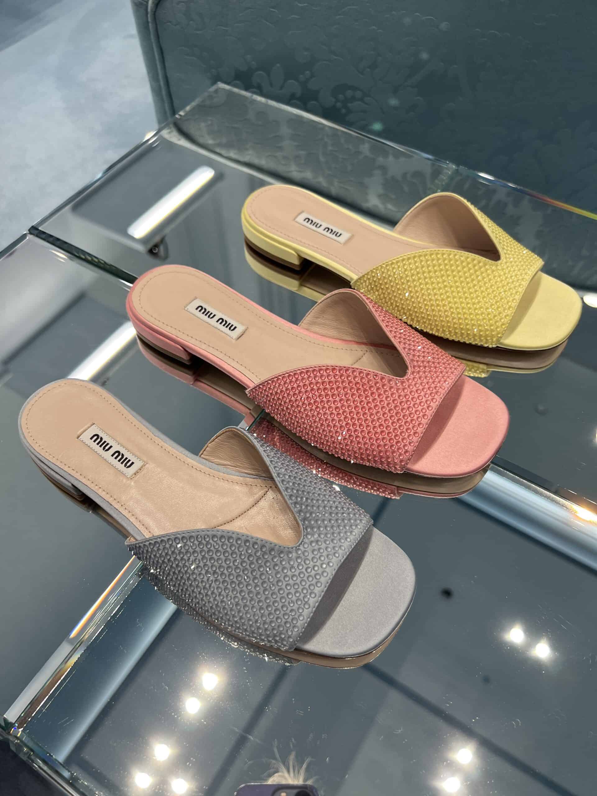retail women ss23 flat sandals slide leather crystals gray pink yellow miu miu