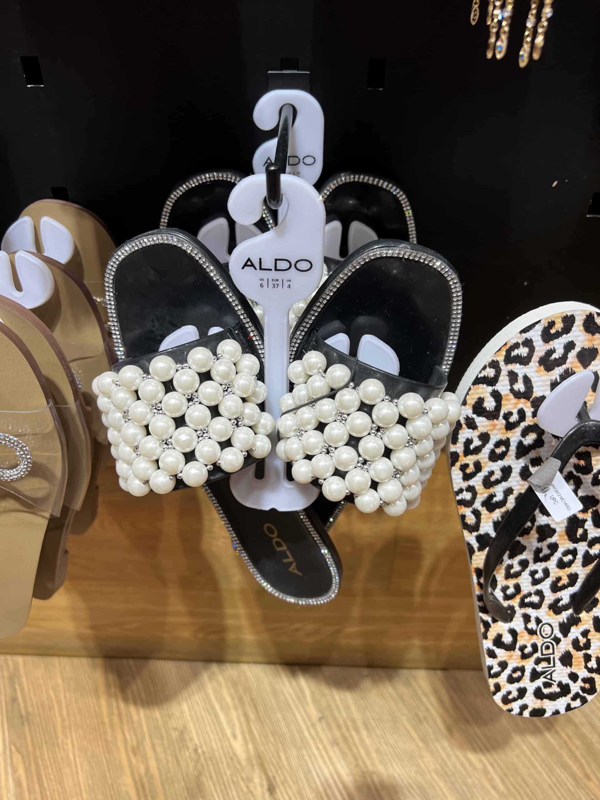 retail women ss23 flat sandals slide leather crystals pearls black aldo