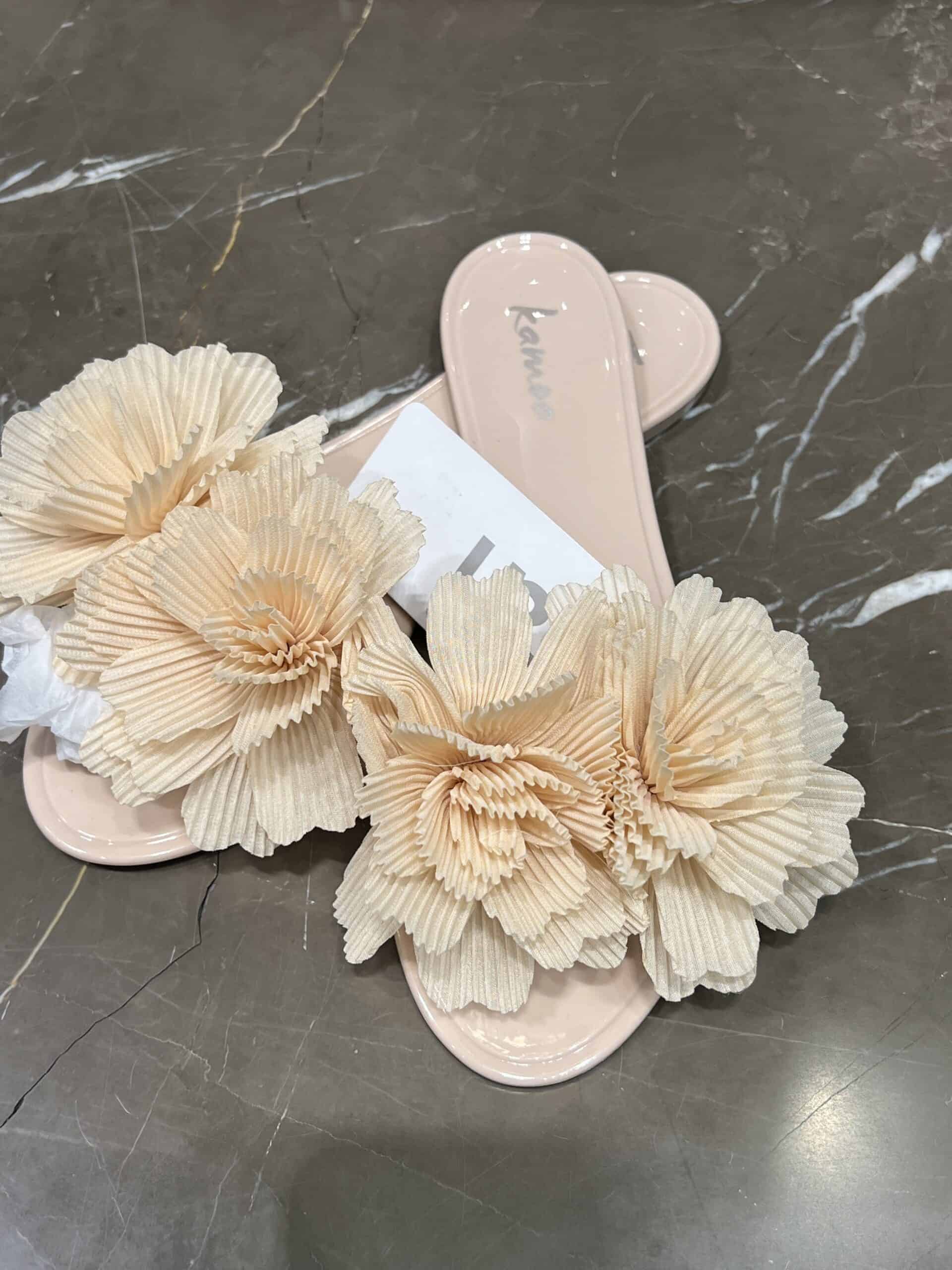retail women ss23 flat sandals slide leather lace drapped flower beige 1