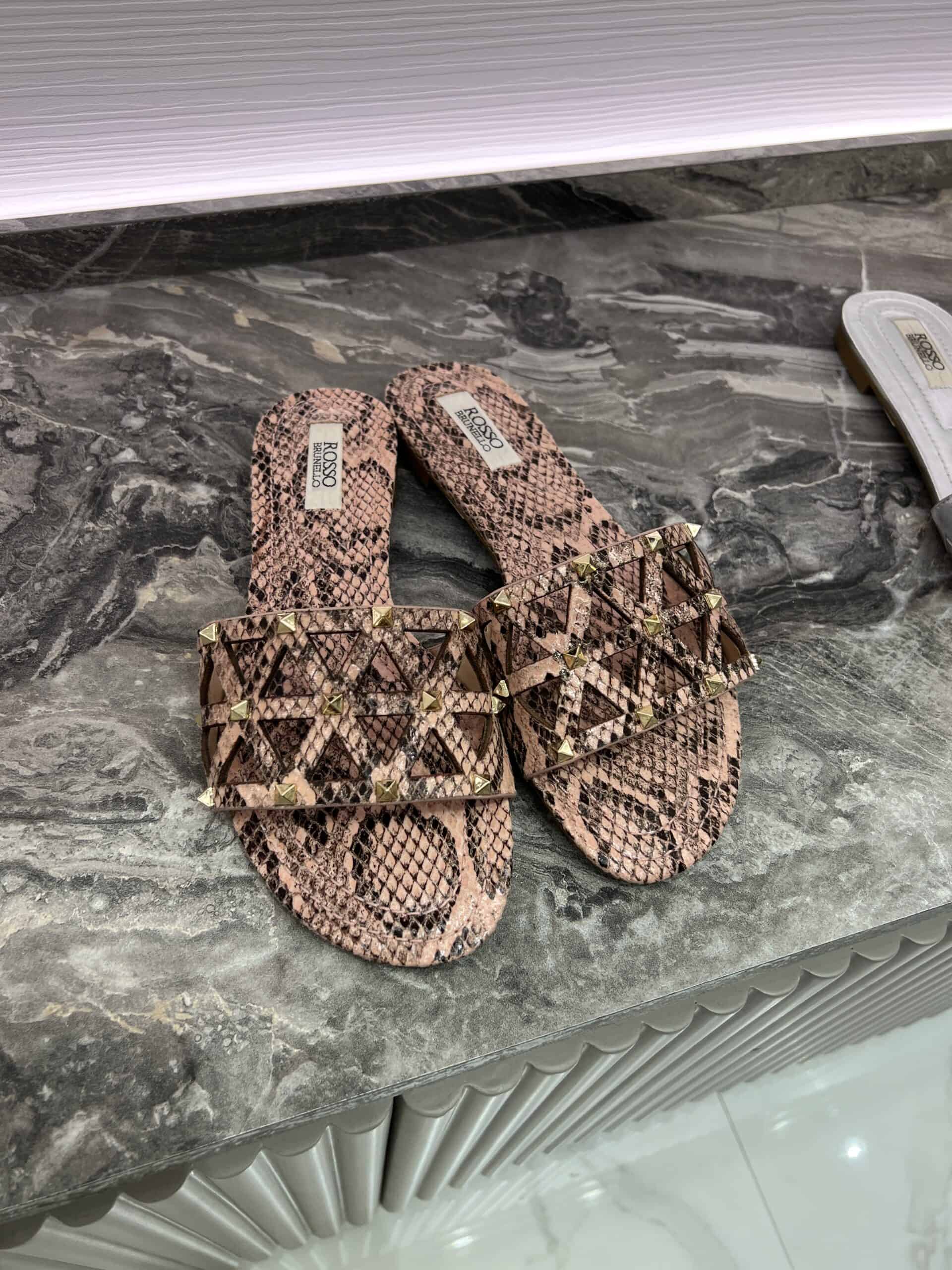 retail women ss23 flat sandals slide leather snake soft studs beige rosso brunello