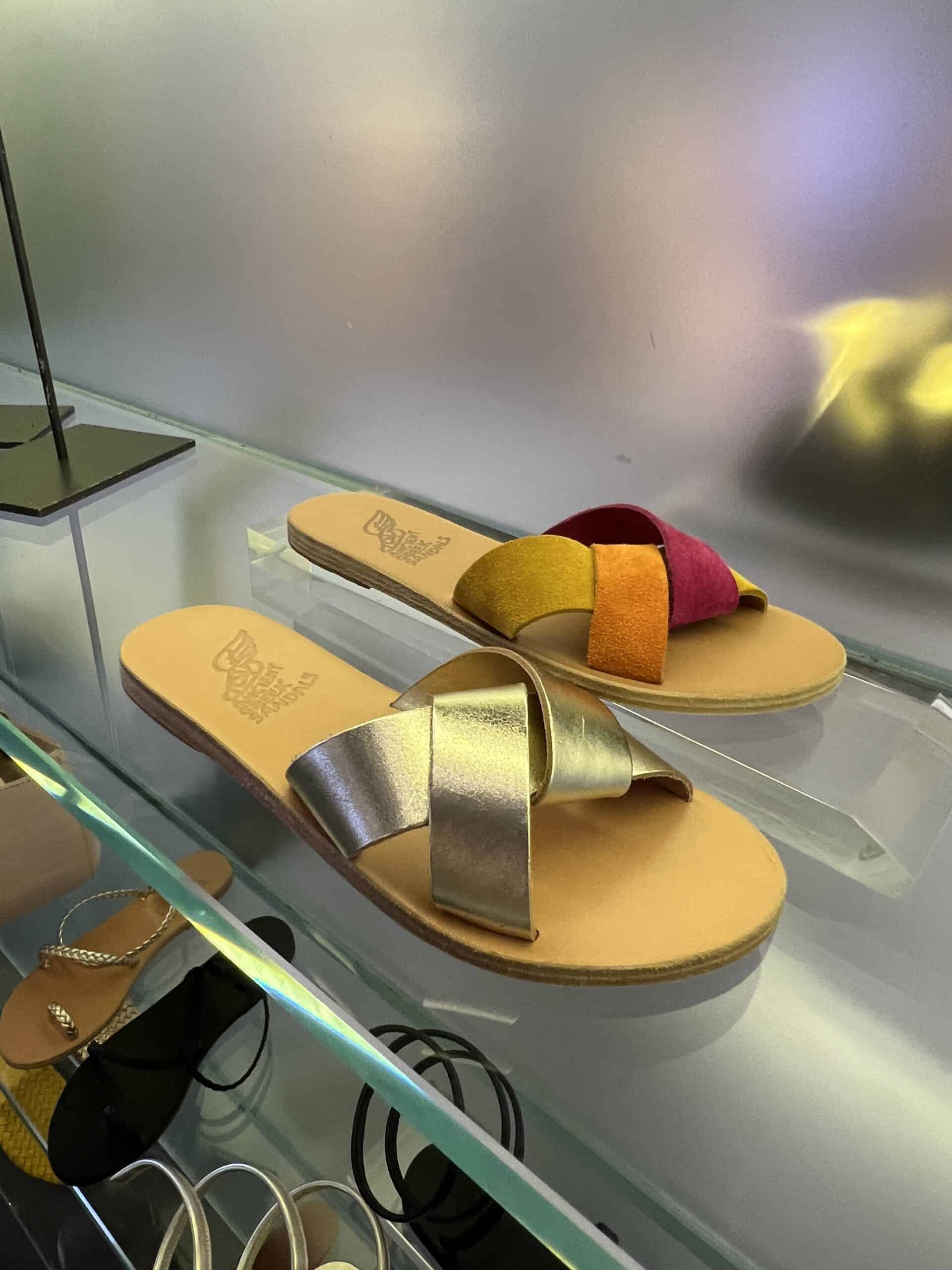 retail women ss23 flat sandals slide leather suede metallics brights ancient greek