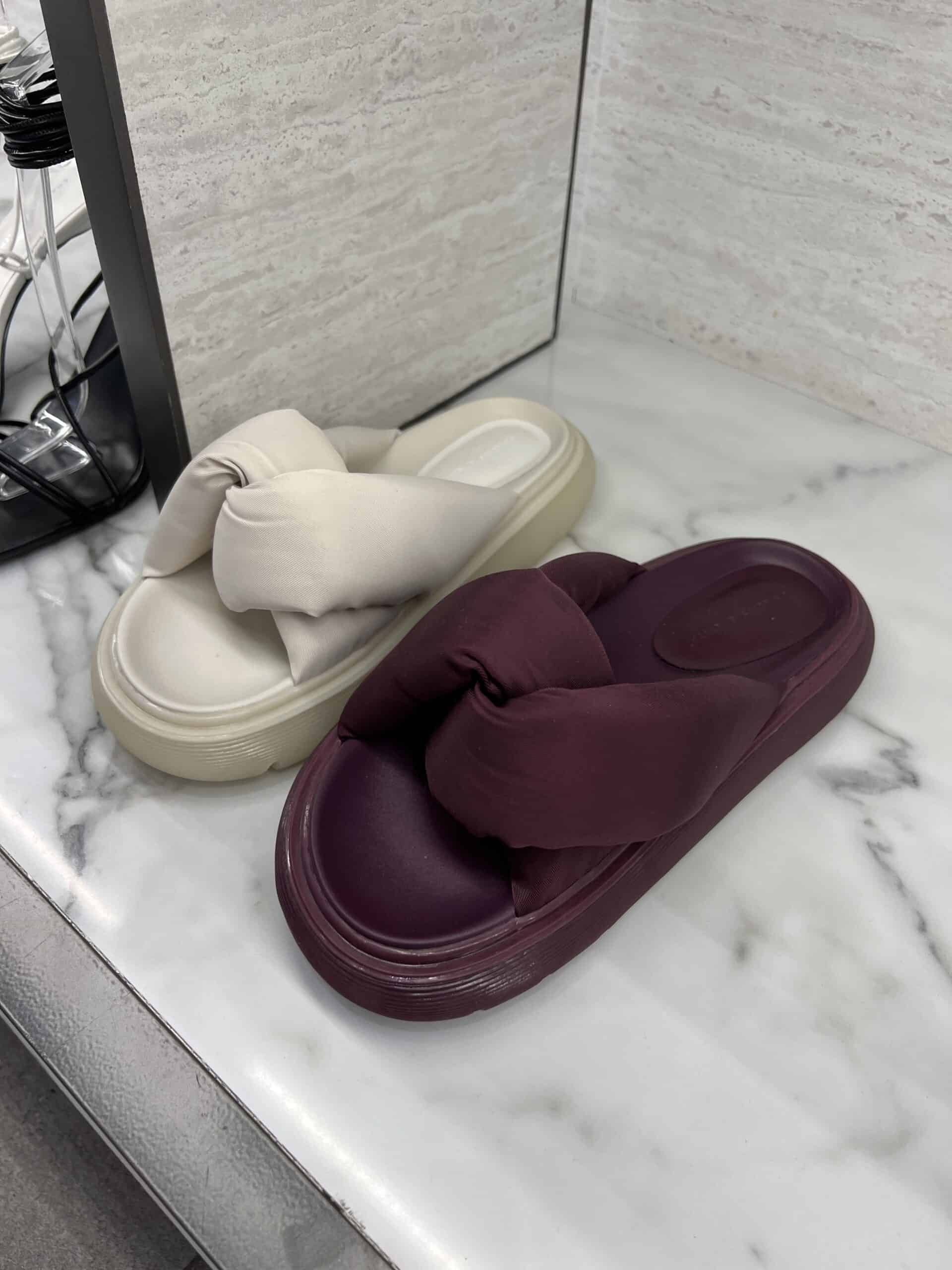 retail women ss23 flat sandals slide sporty rubber soles flatform leather nylon soft burgundy white charleskeit 1