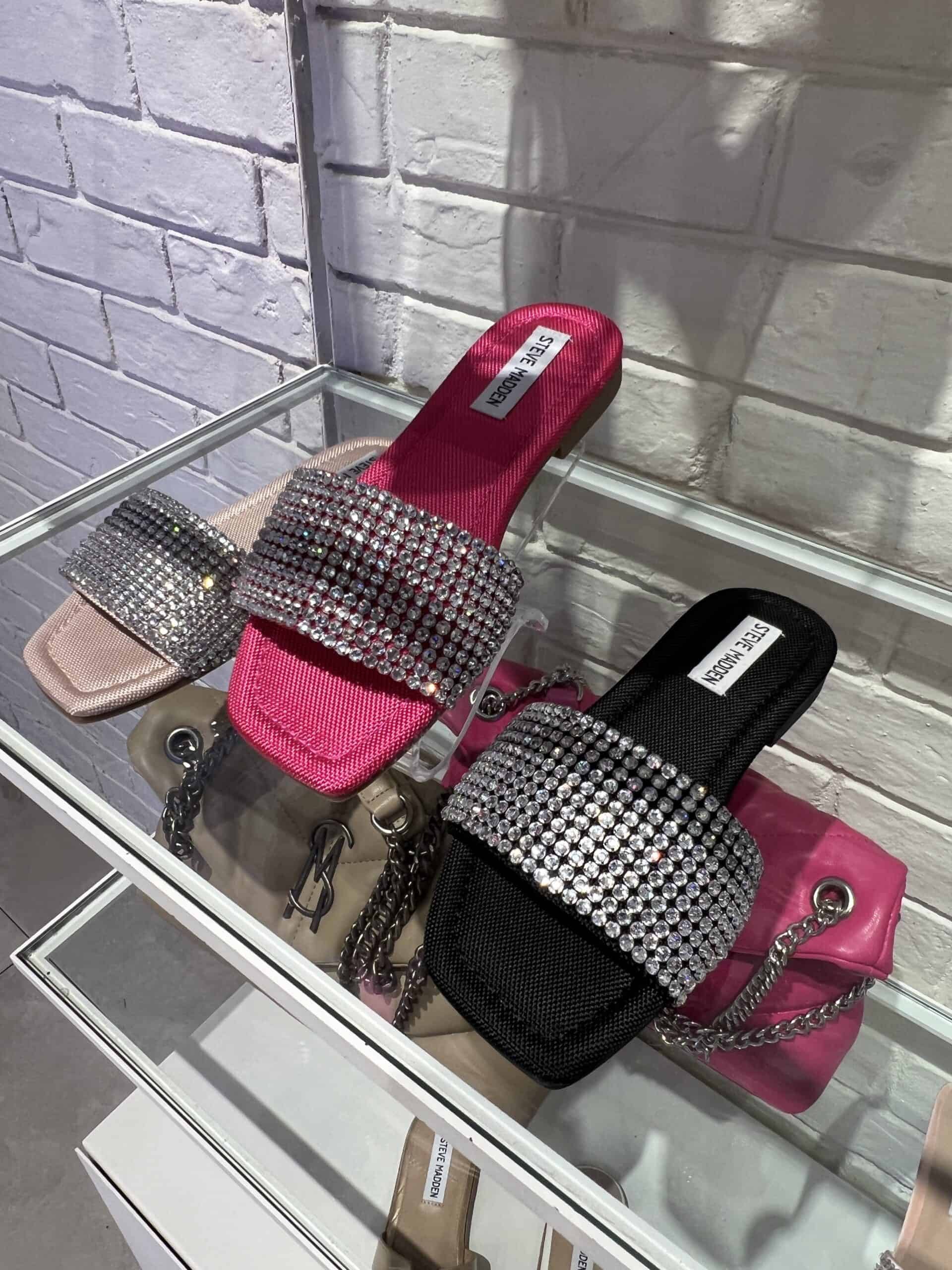 retail women ss23 flat sandals slide woven crystals beige black pink steve madden