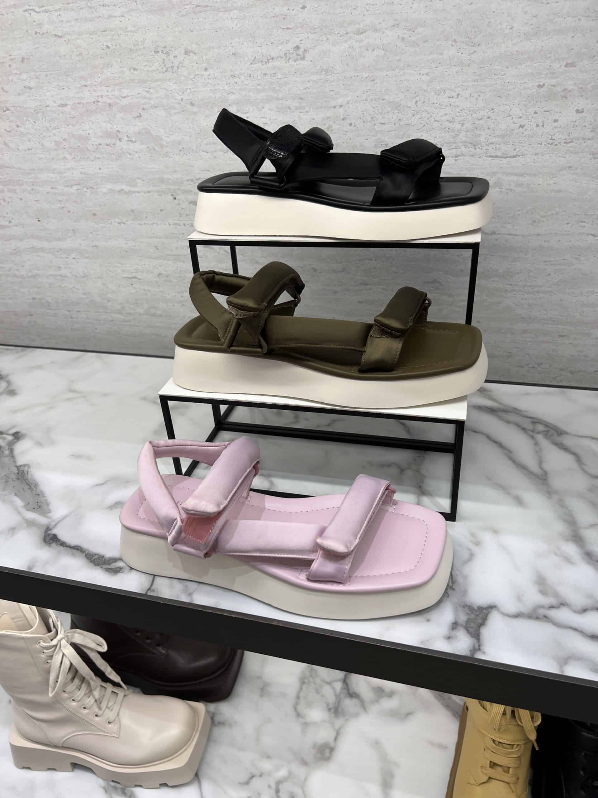retail women ss23 flat sandals sporty flatform velcro leather soft black brown pink charleskeith