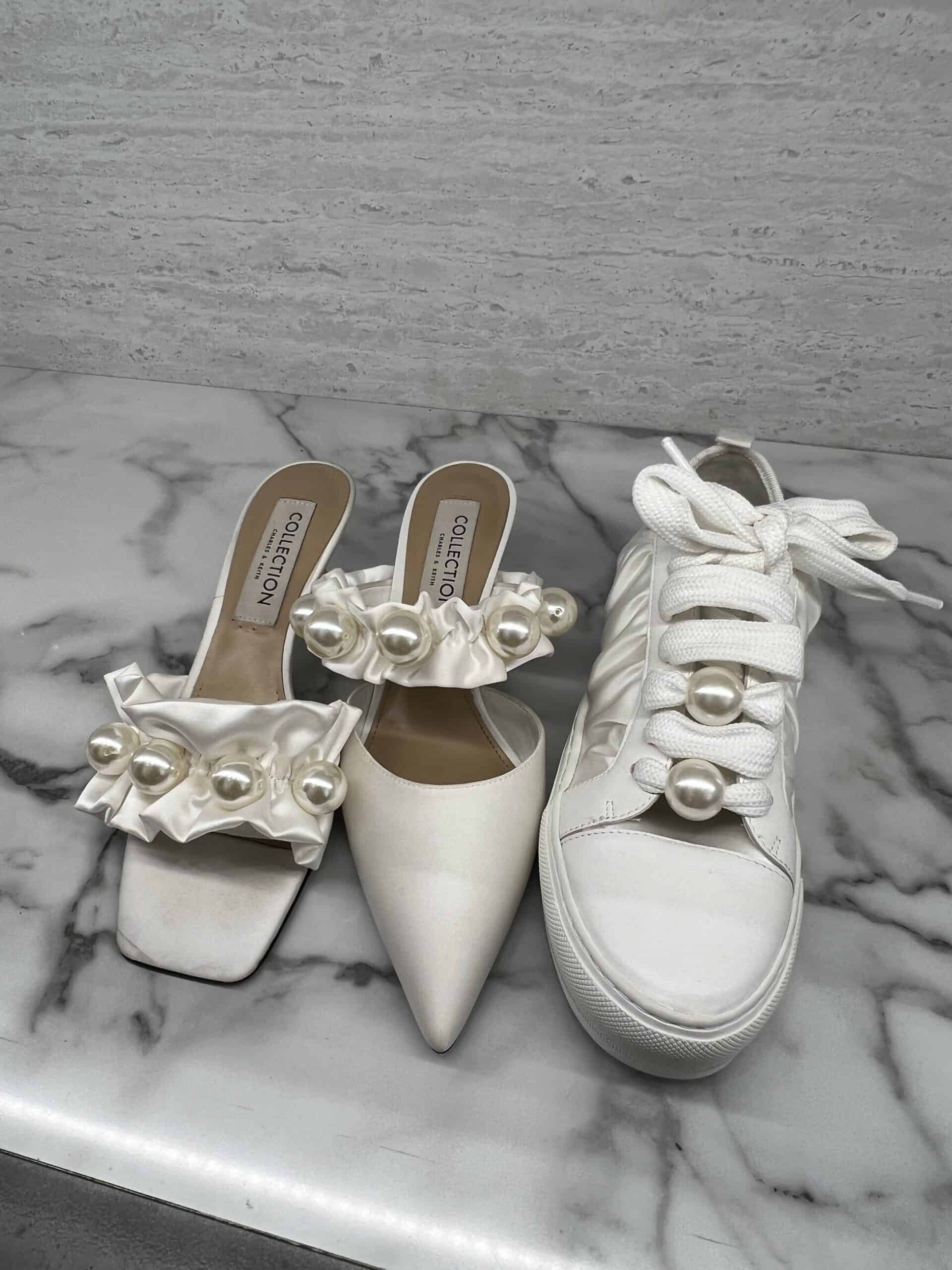 retail women ss23 party casual sneakers sandals scarpins mule kitten leather satin ruffles pearls white charleskeith