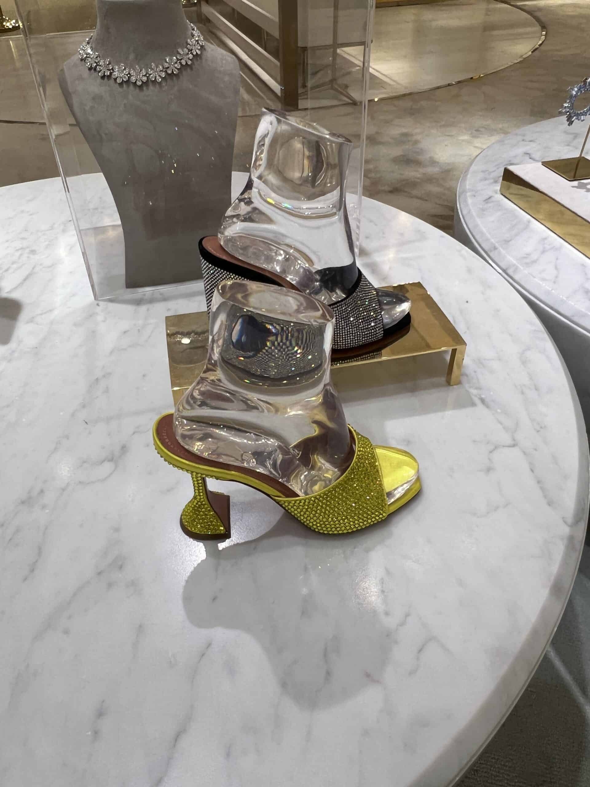 retail women ss23 party sandals mule platform leather metallics crystals black yellow amina muaddi