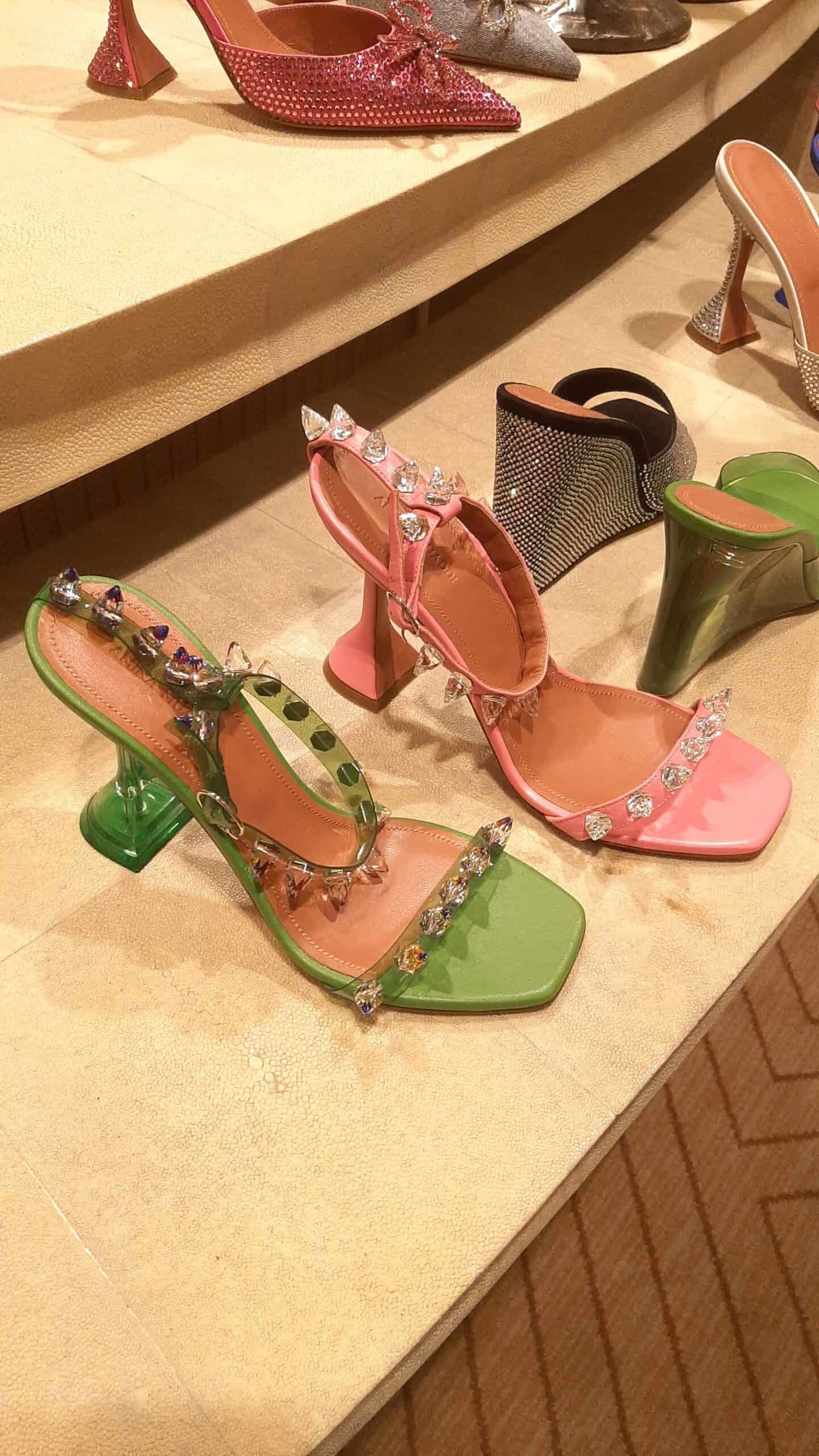 retail women ss23 party sandals strappy acrylic heels leather vynil crystals studs green pink amina muaddi