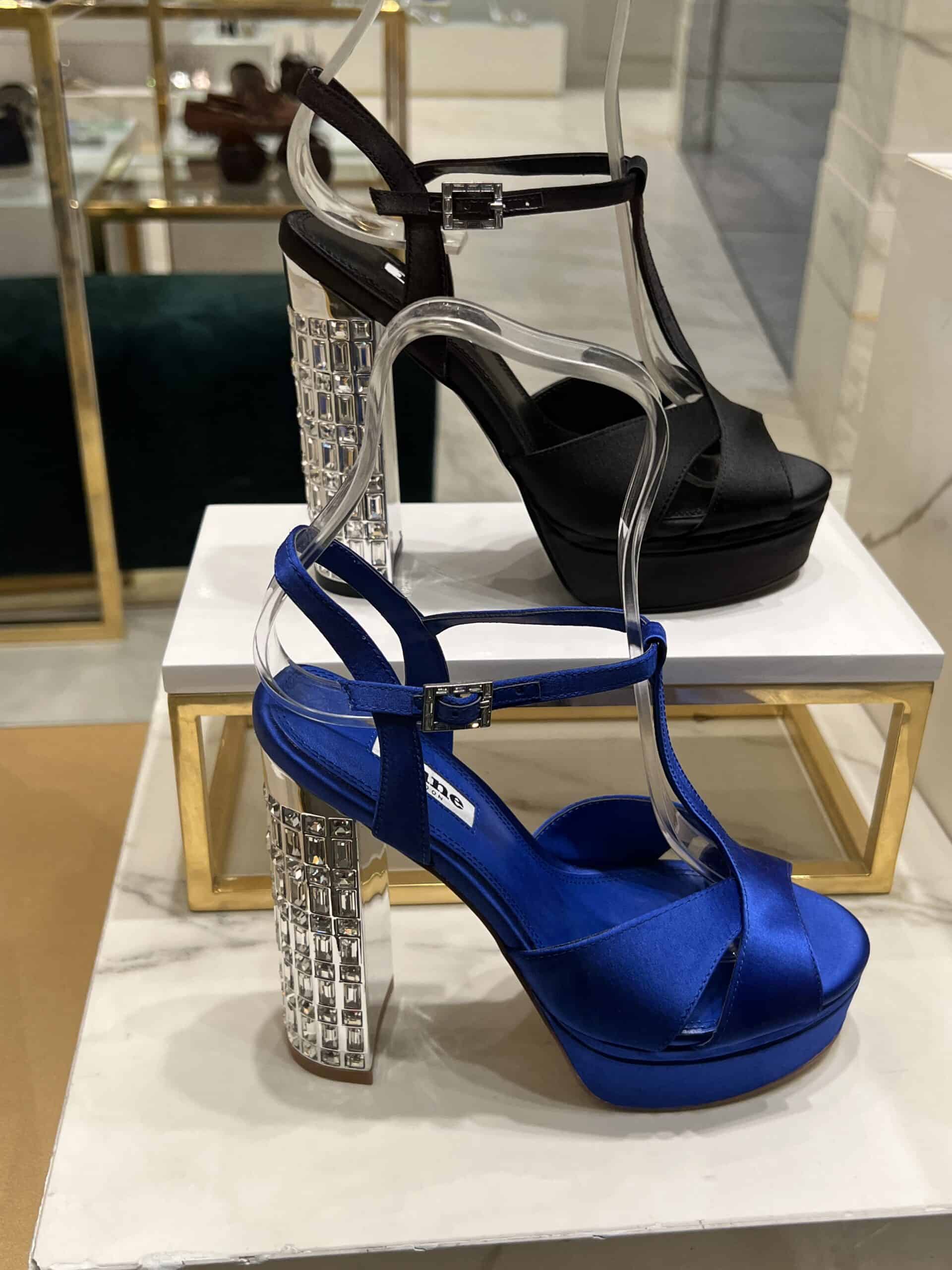 retail women ss23 party sandals tbar platform feature embelished satin black blue dune