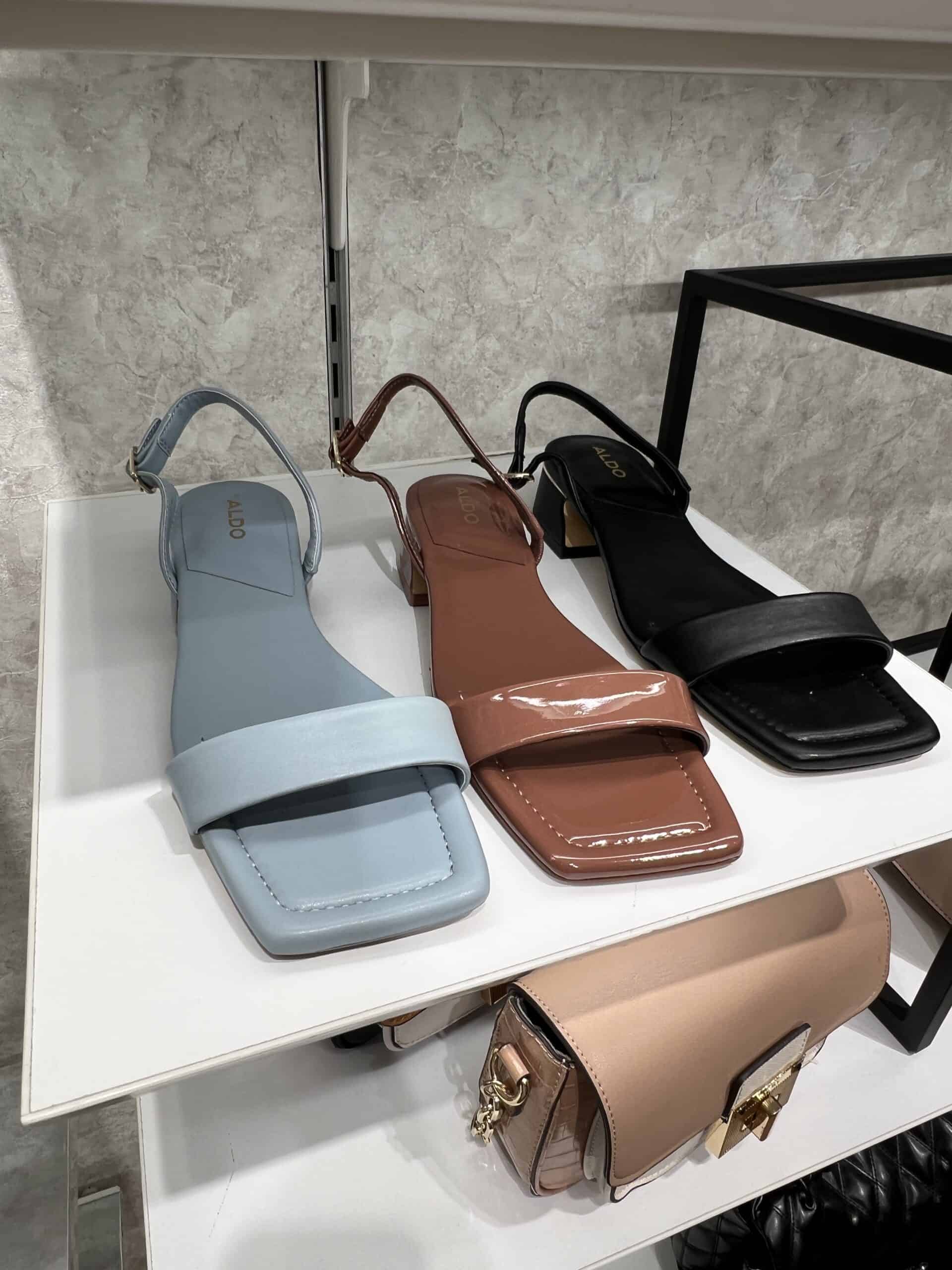 retail women ss23 sandals block heels square leather patent metals beige black blue aldo 1
