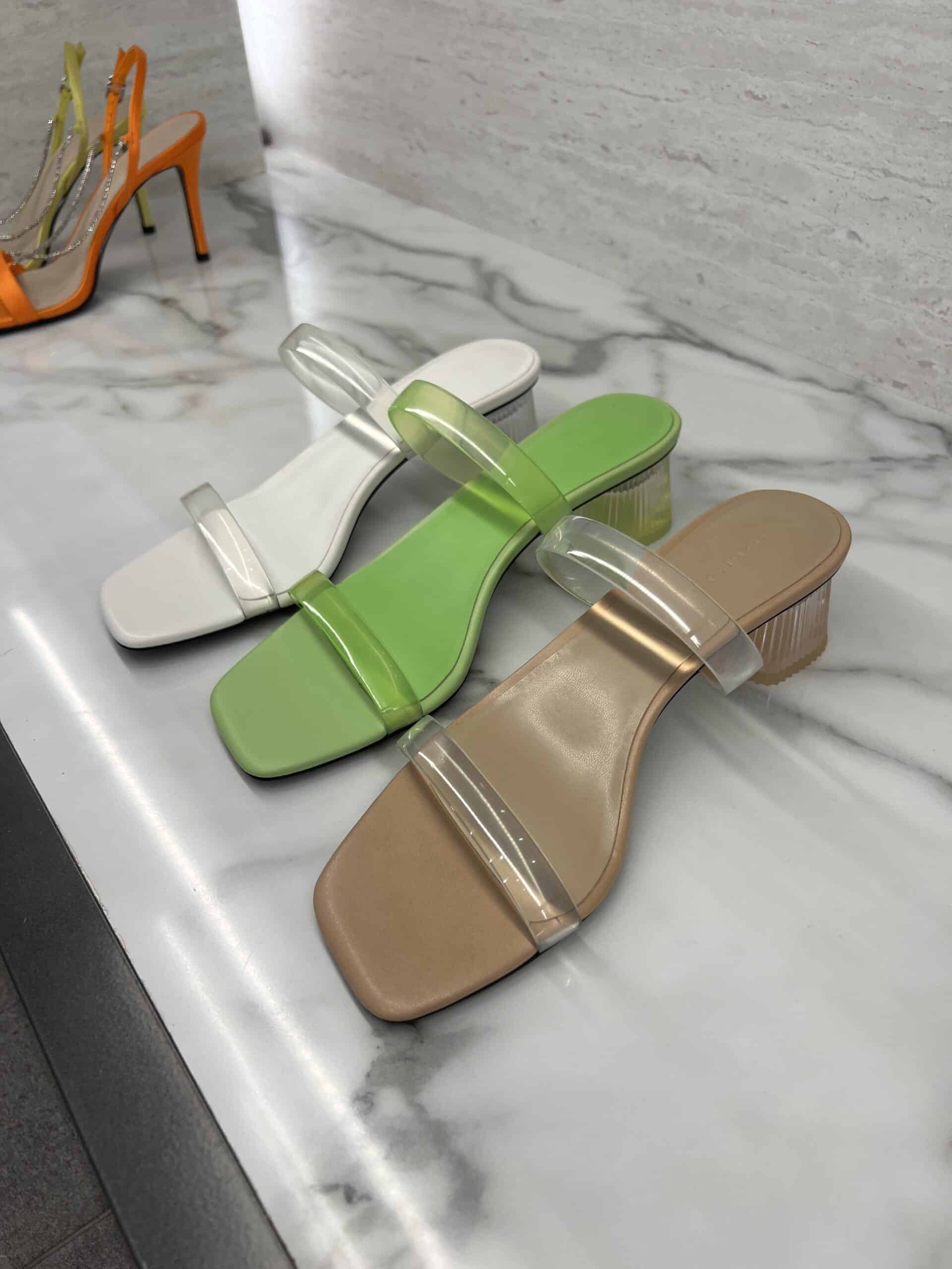 retail women ss23 sandals mule acrylic block heels square leather vynil beige green white charleskeith