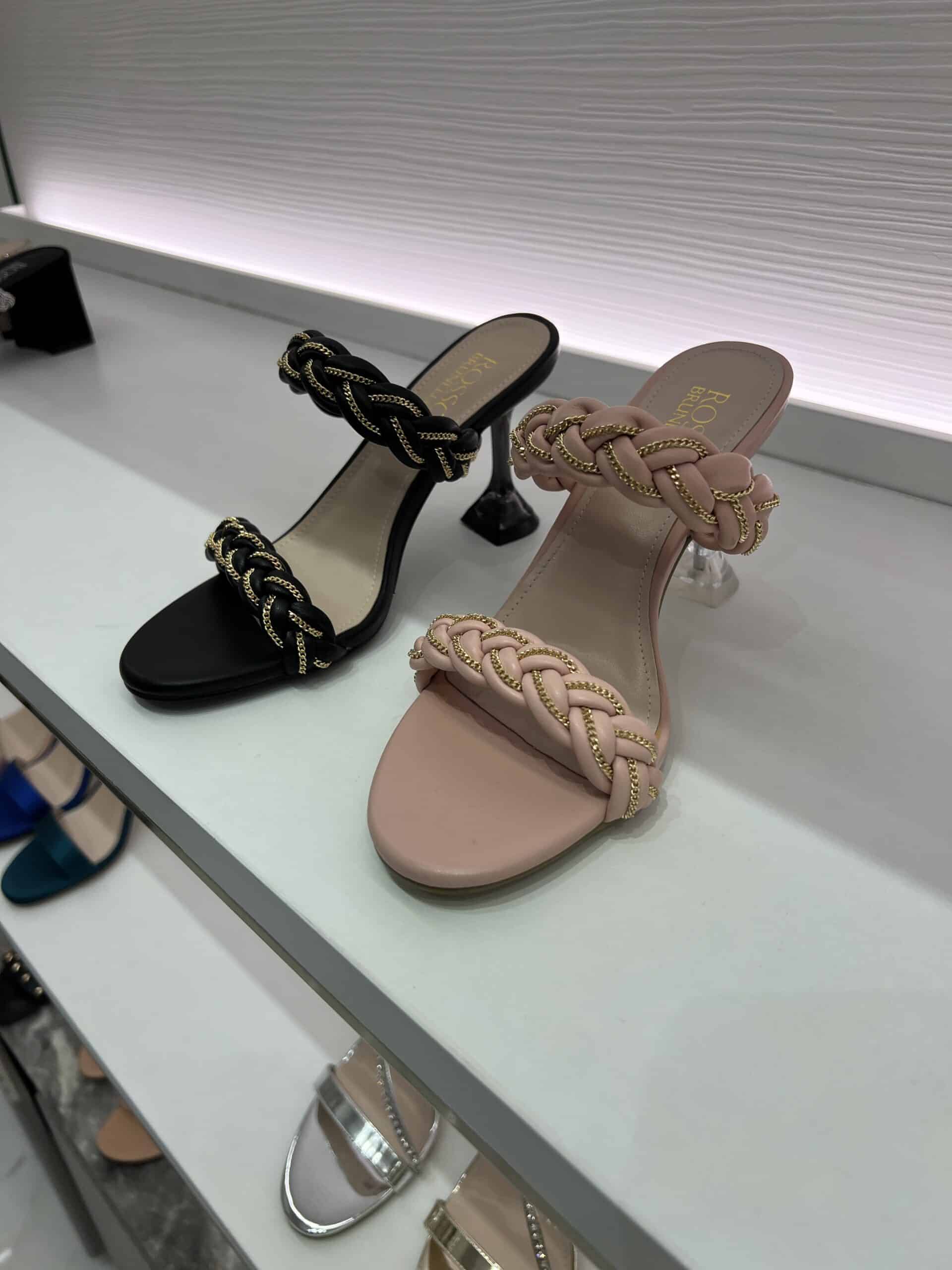 retail women ss23 sandals mule acrylic heels leather tresse chains beige black rosso brunello 1