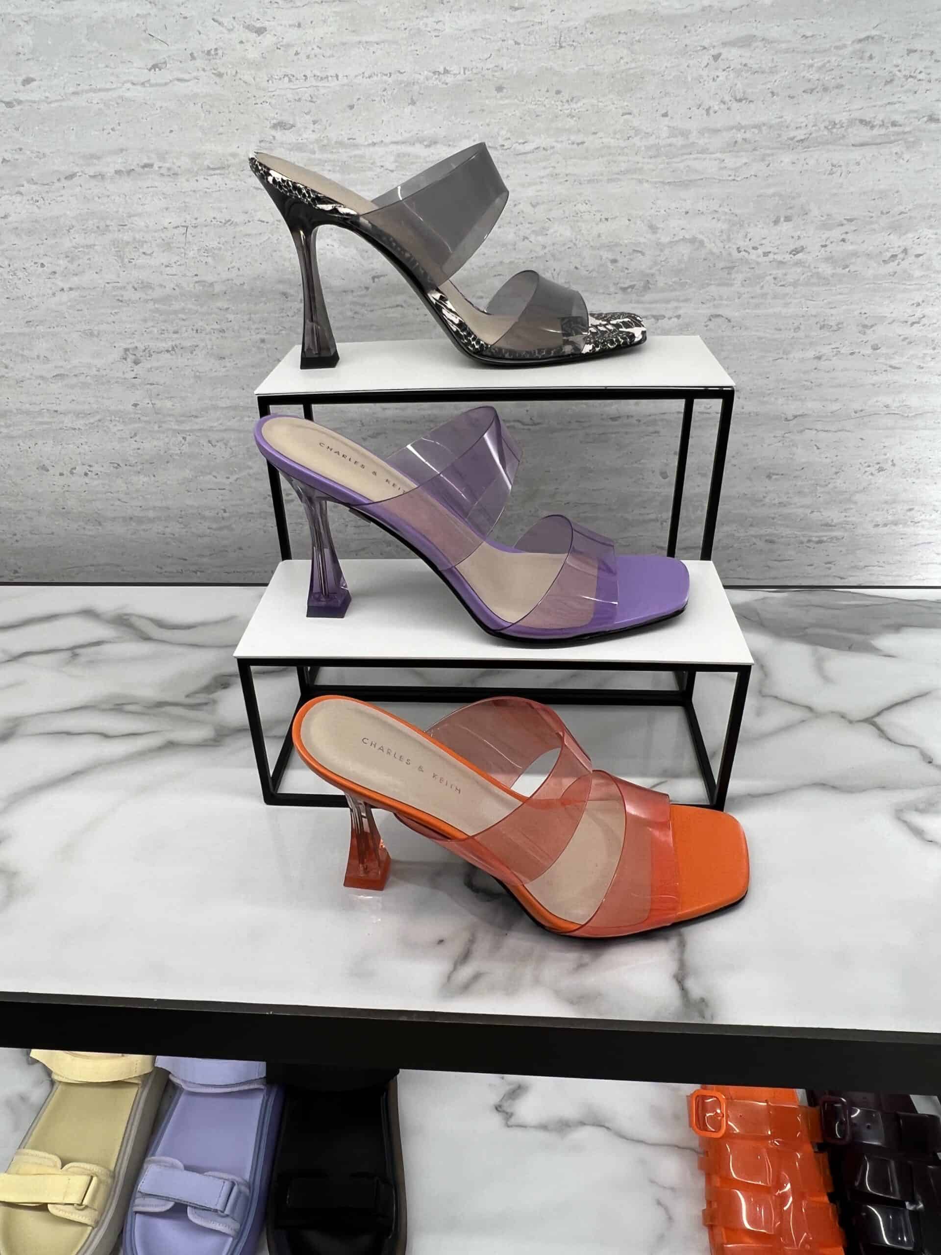 retail women ss23 sandals mule acrylic heels square leather vynil black lavender orange charleskeith