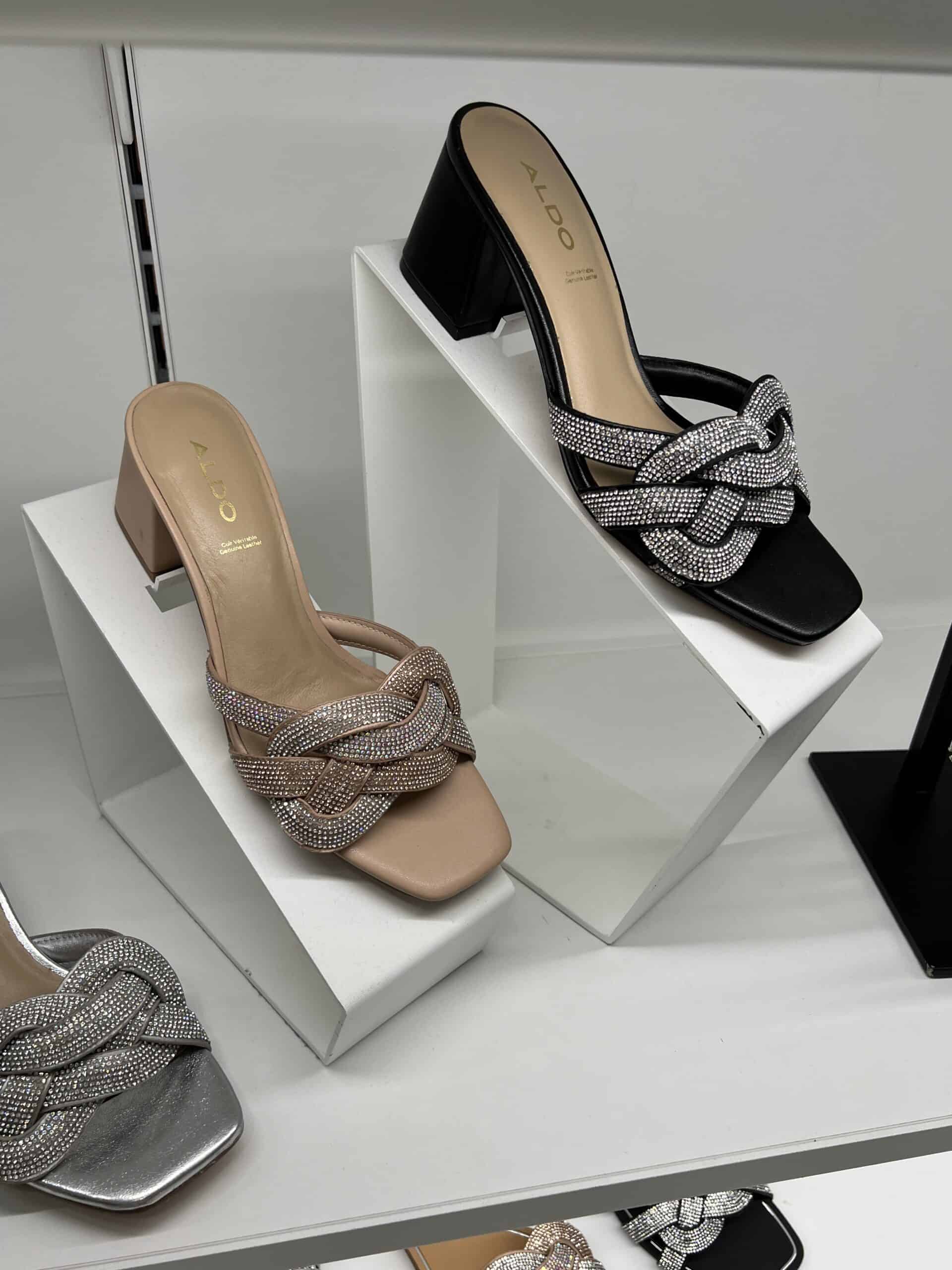 retail women ss23 sandals mule block heels leather crystals beige black aldo 1