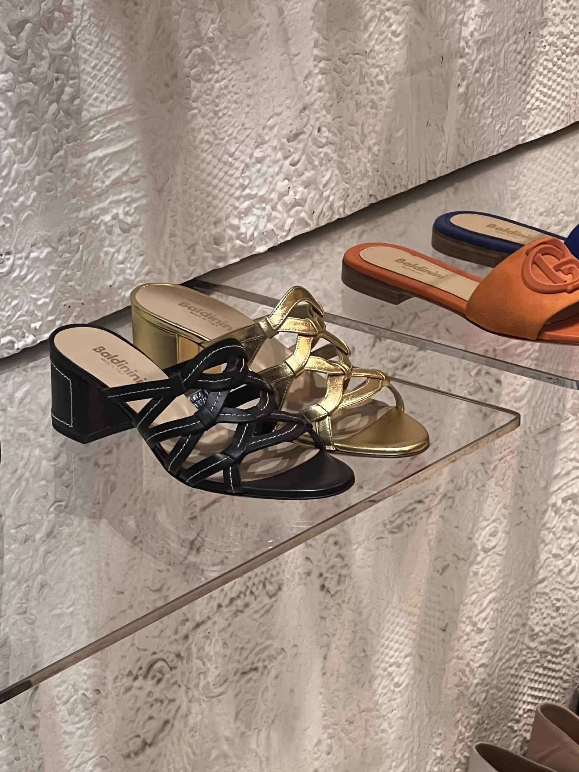 retail women ss23 sandals mule block heels leather metallics tresse black gold pollini