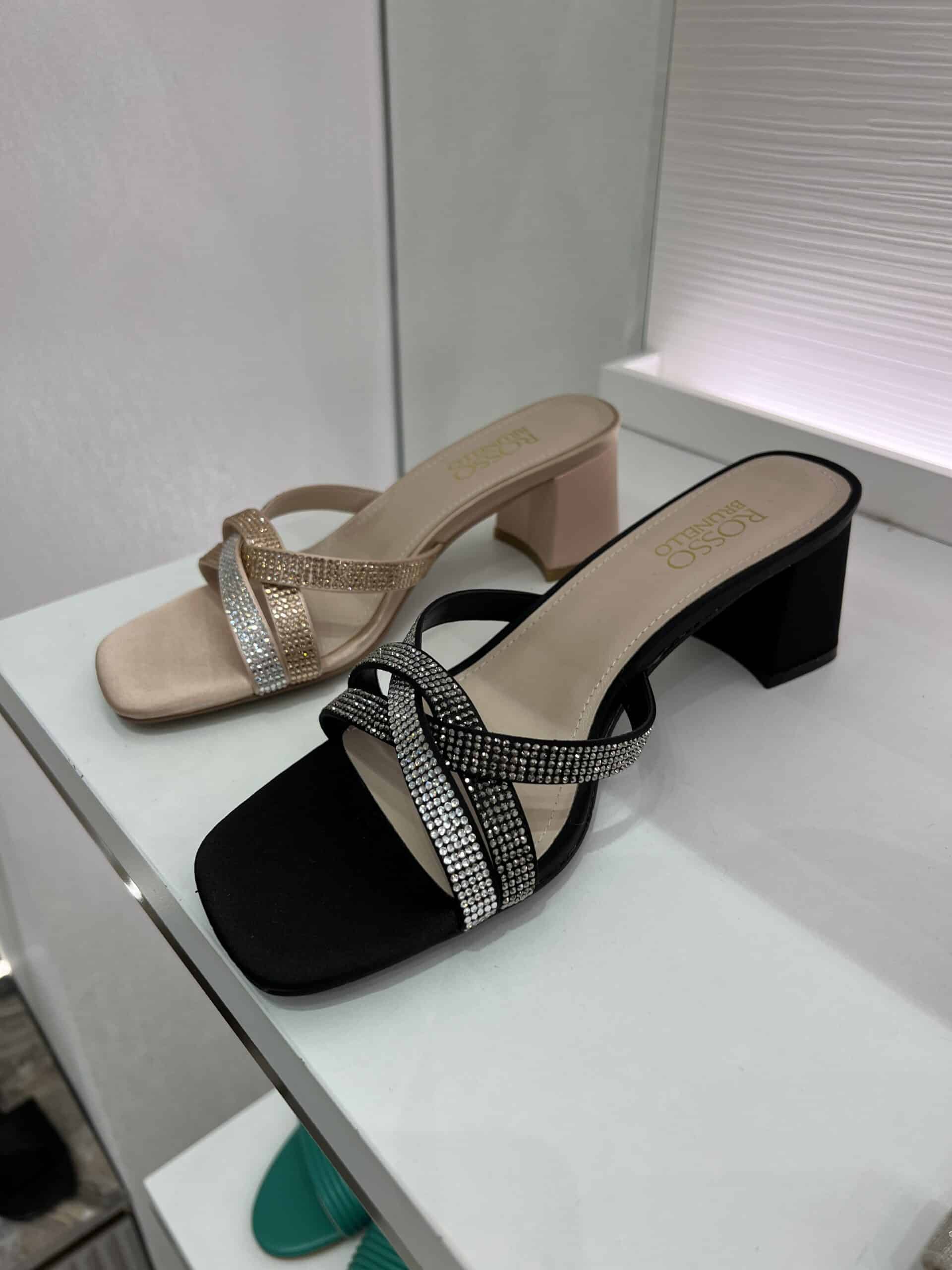 retail women ss23 sandals mule block heels satin crystals beige black rosso brunello 1