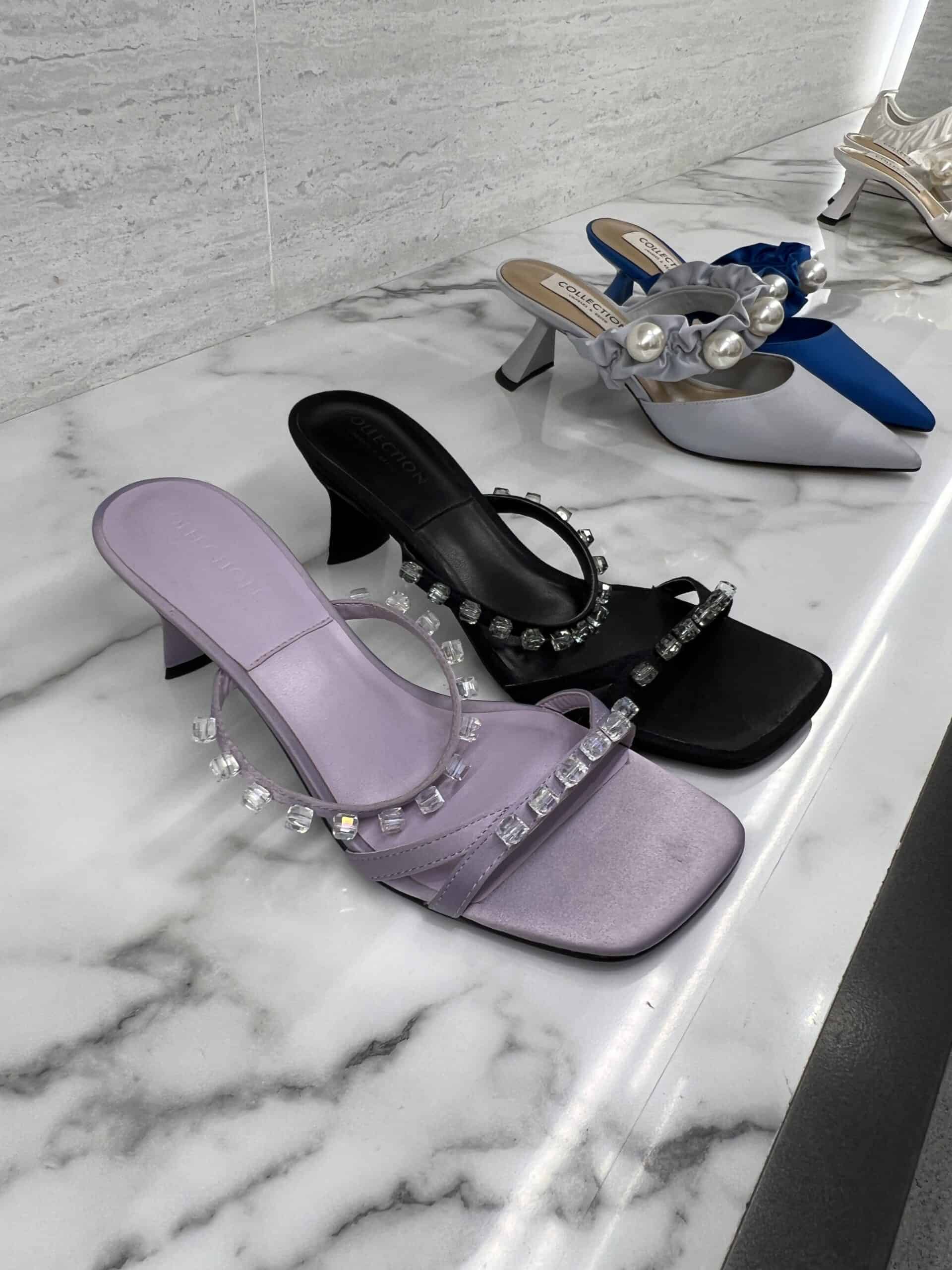 retail women ss23 sandals mule kitten strappy square satin crystals black lavender charleskeith 1
