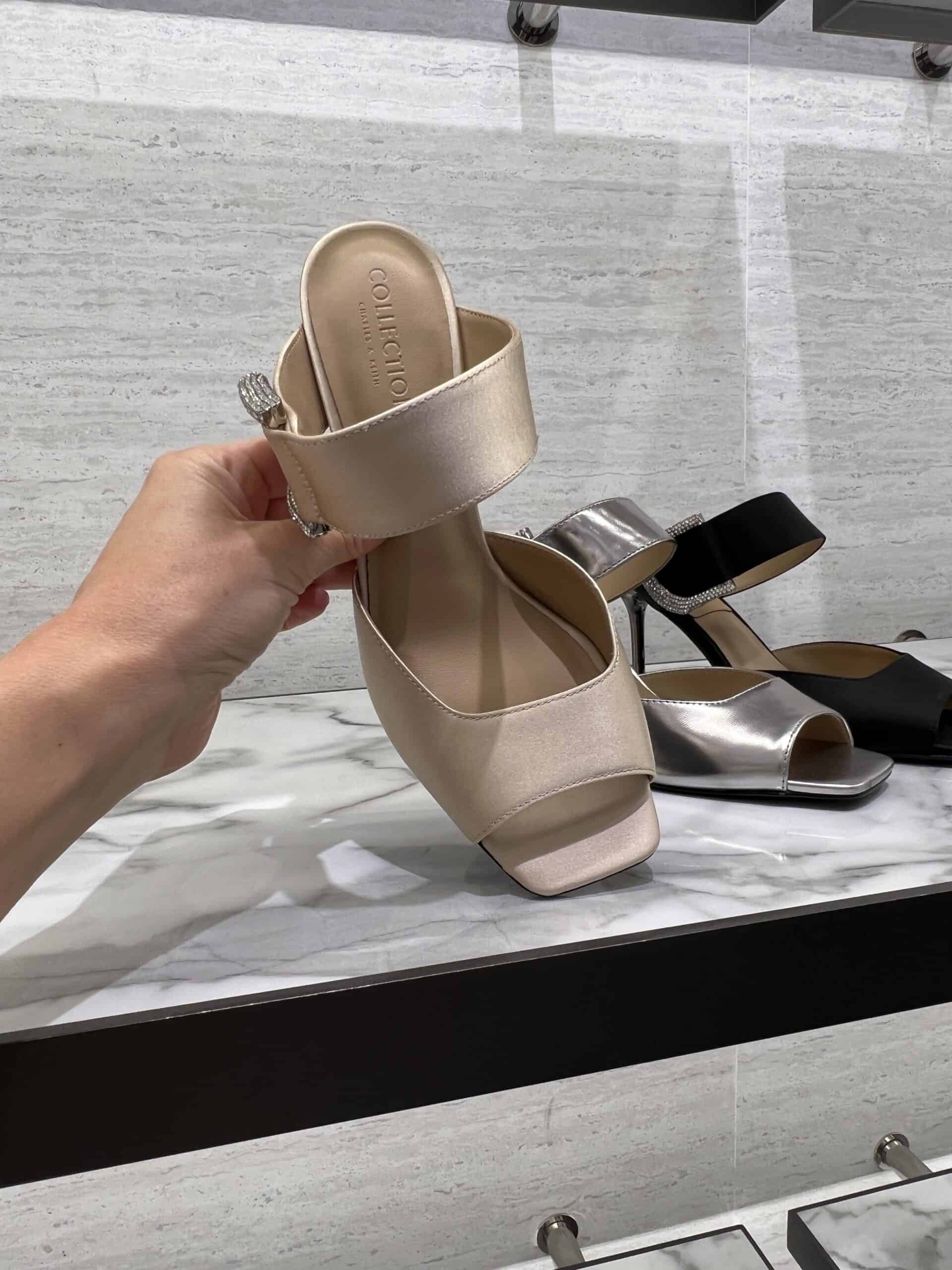 retail women ss23 sandals mule leather satin metallics buckles crystals beige black silver charleskeith 2