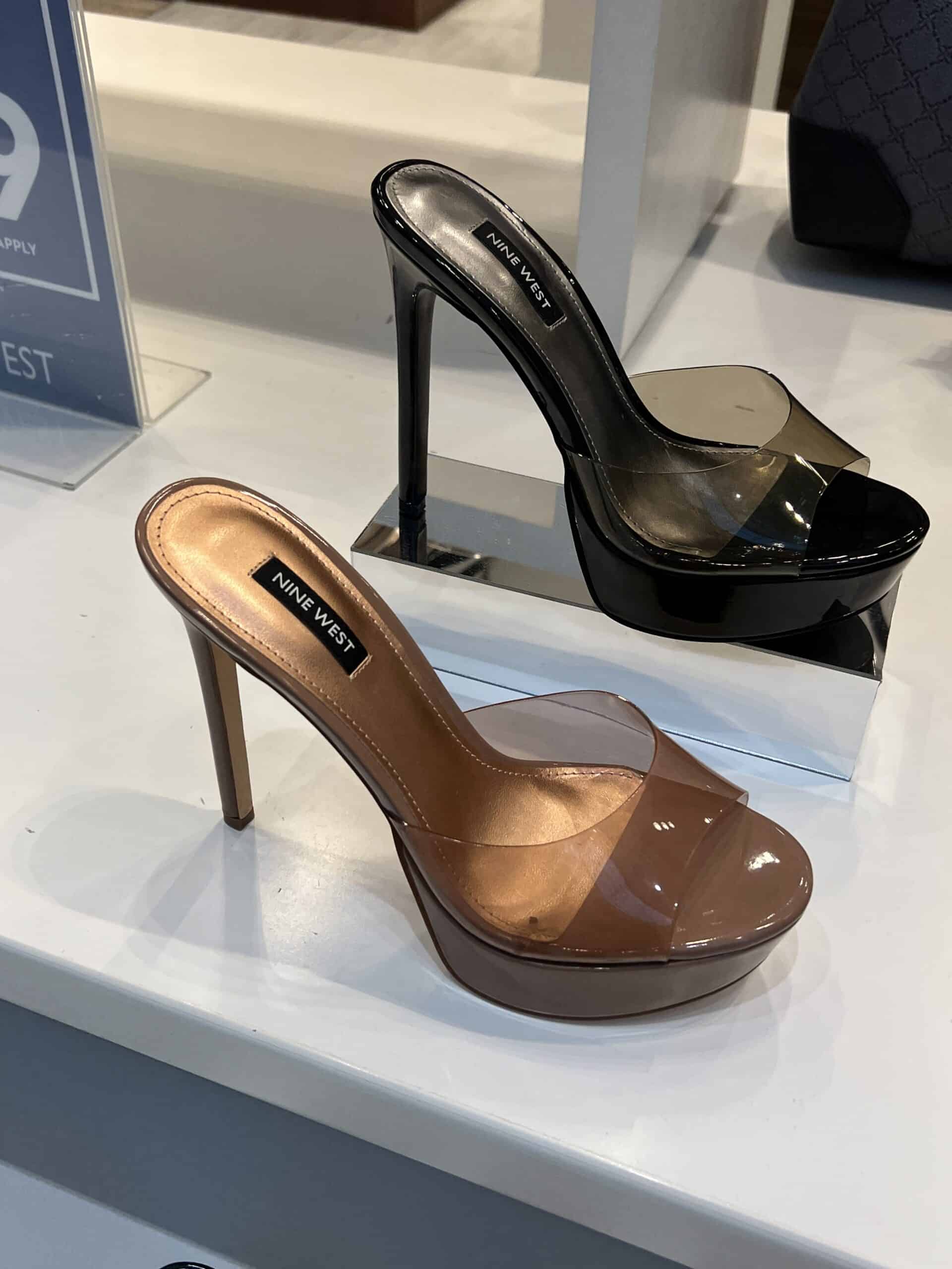 retail women ss23 sandals mule platform patent vynil black brown nine west