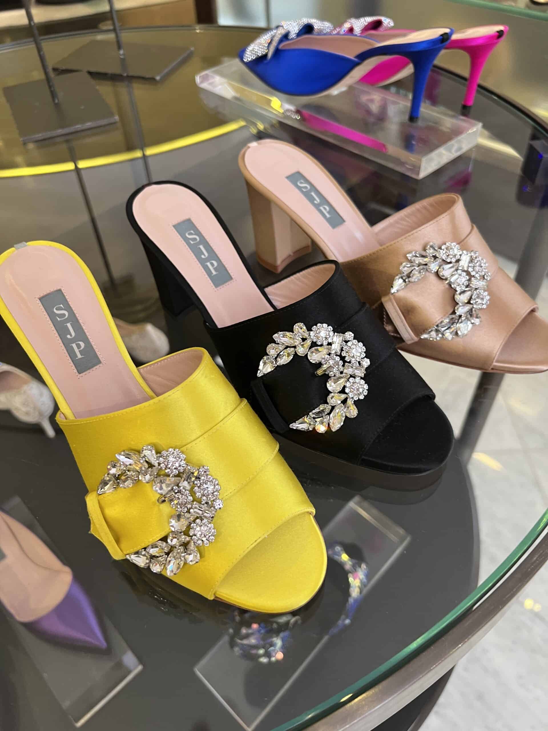 retail women ss23 sandals mule satin buckles crystals beige black yellow sjp