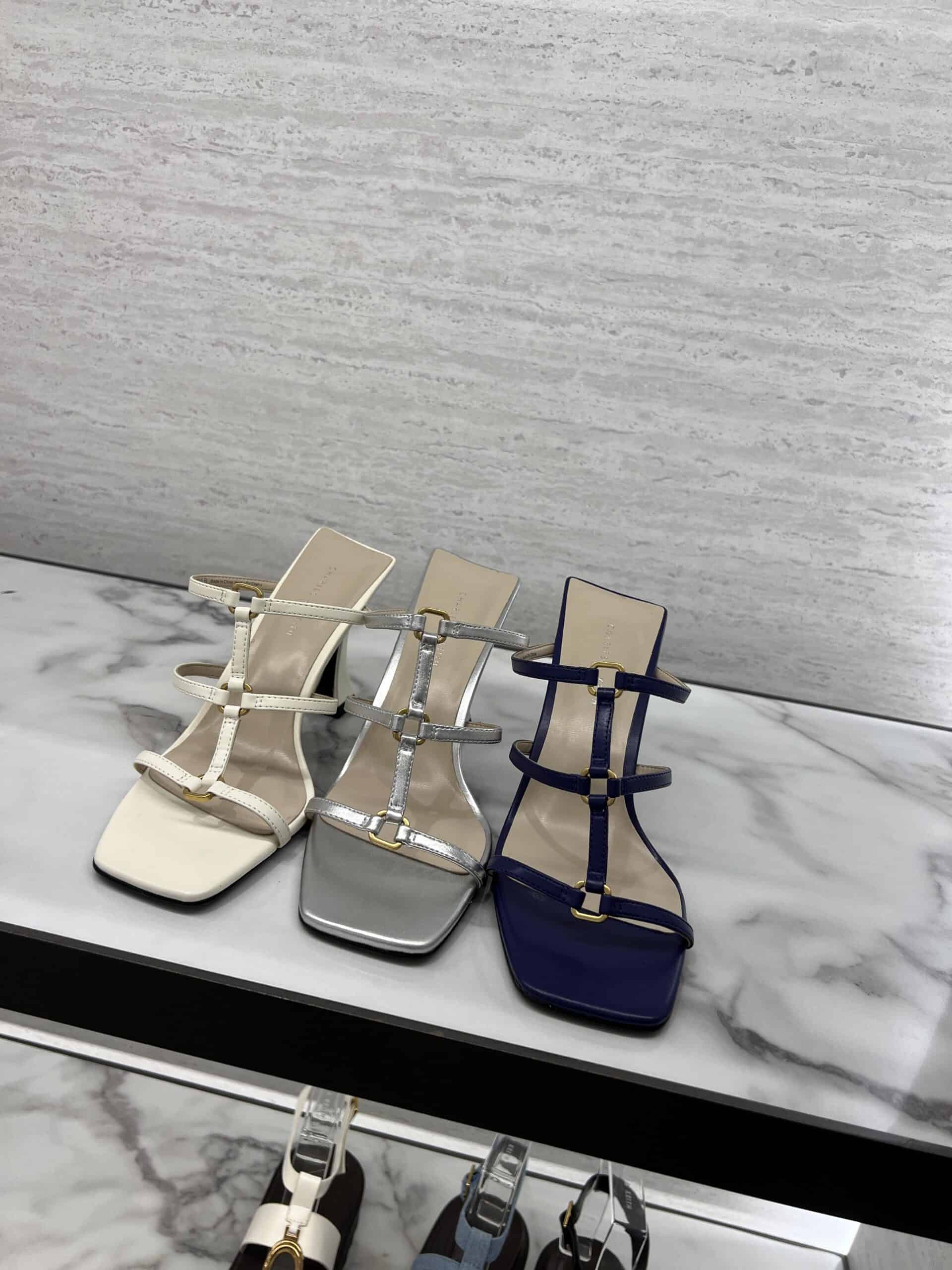 retail women ss23 sandals mule strappy square leather metallics blue silver white charleskeith