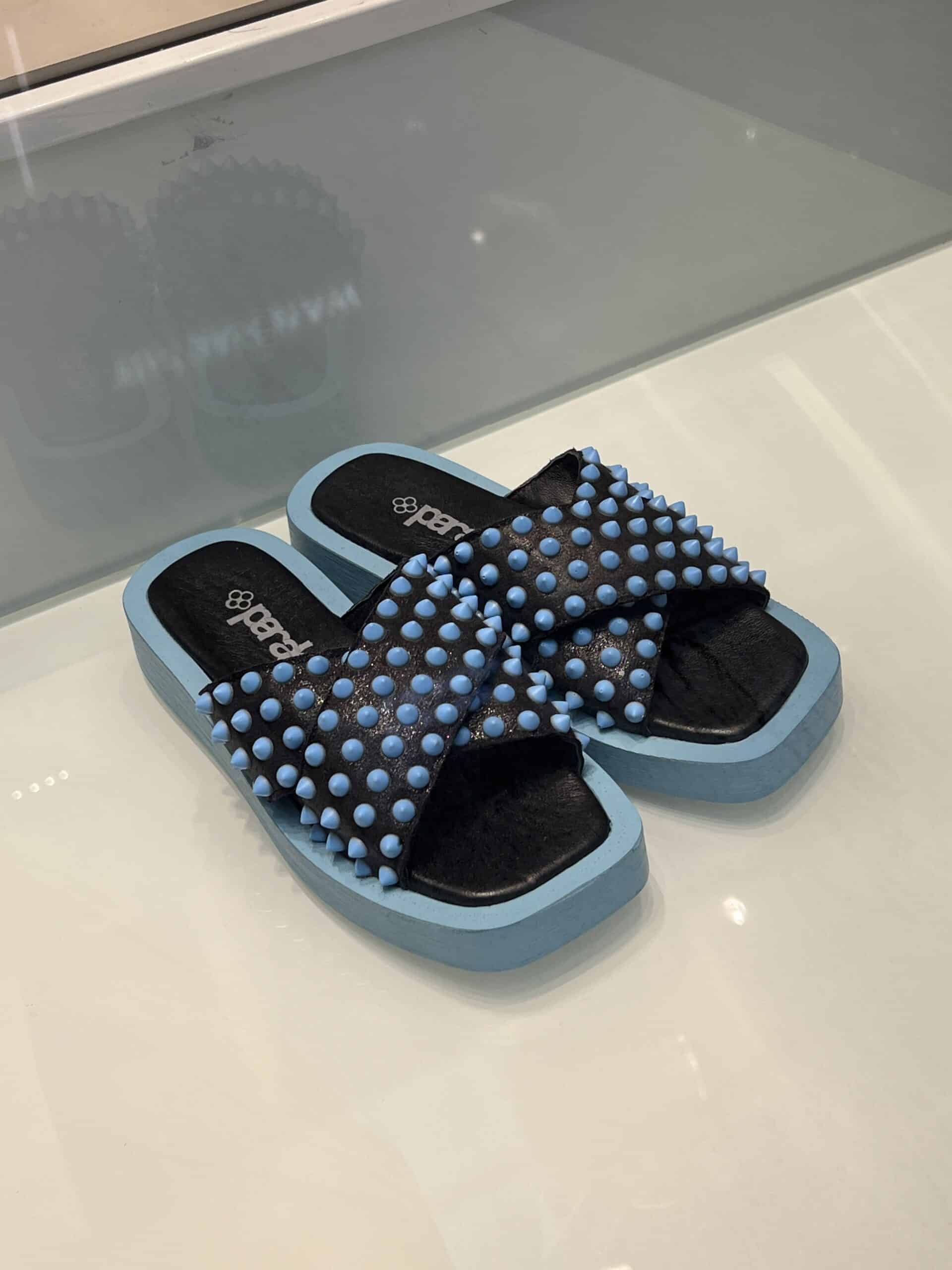 retail women ss23 sandals slide platform square studs leather black blue