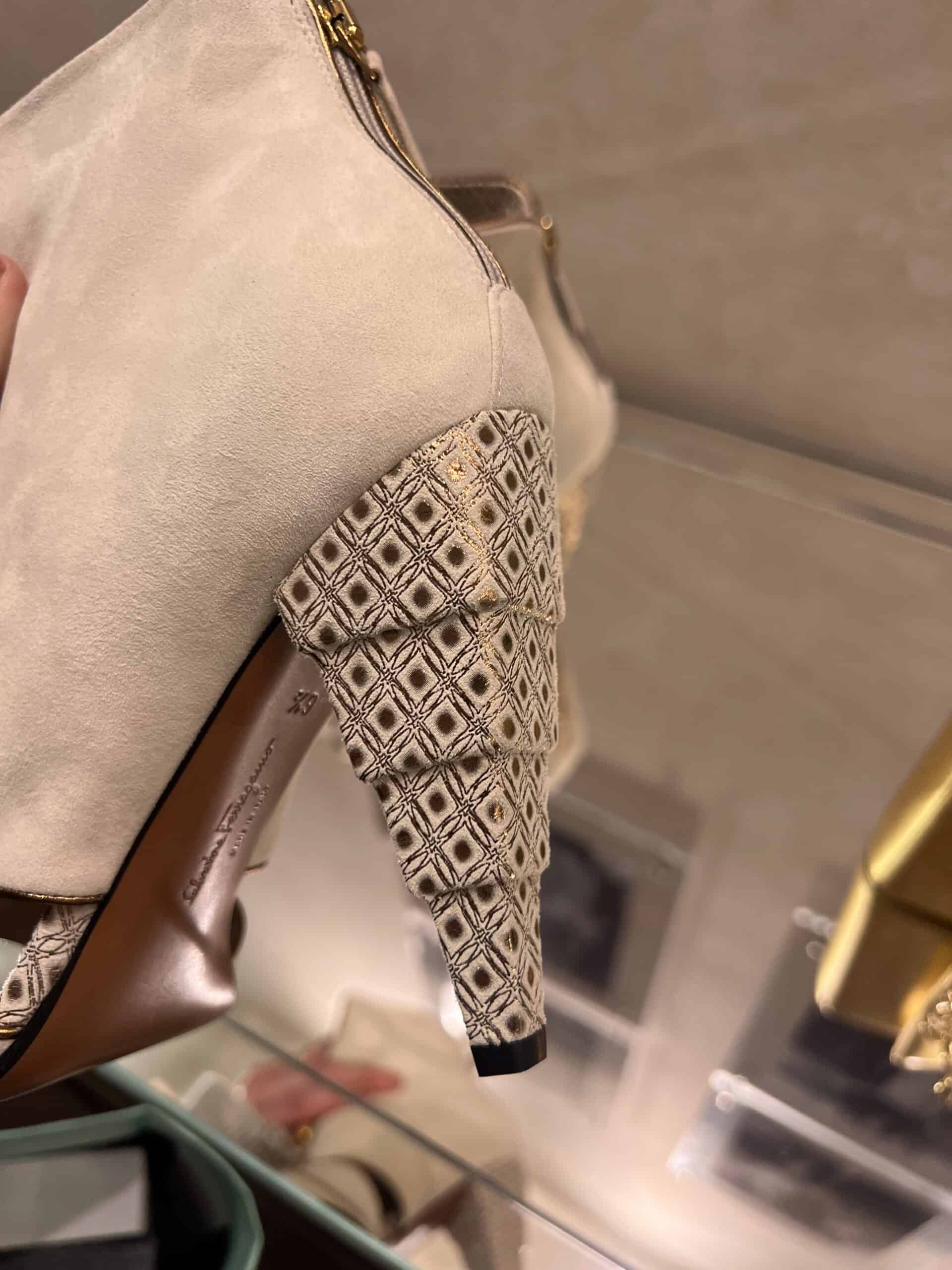 39 retail women ss23 open booties feature suede tassel prints geometric beige ferragamo