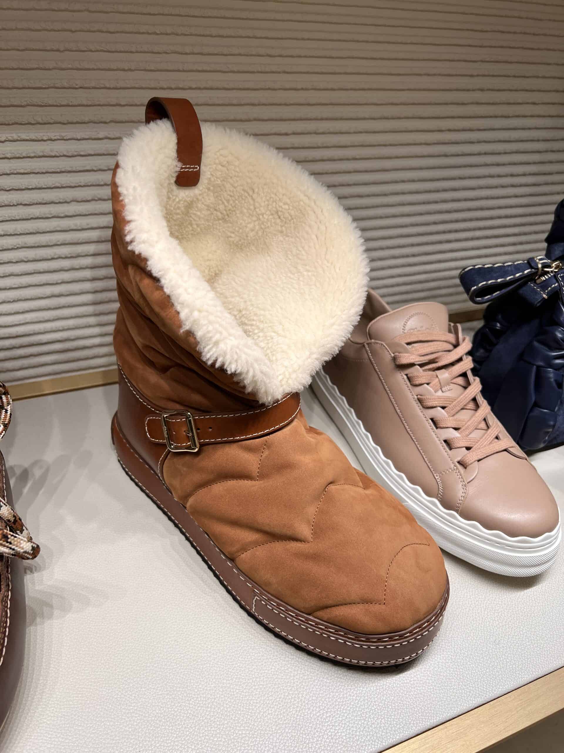 retail women ss23 cozy booties fur leather suede matelasse soft topstitch buckles beige camel 1