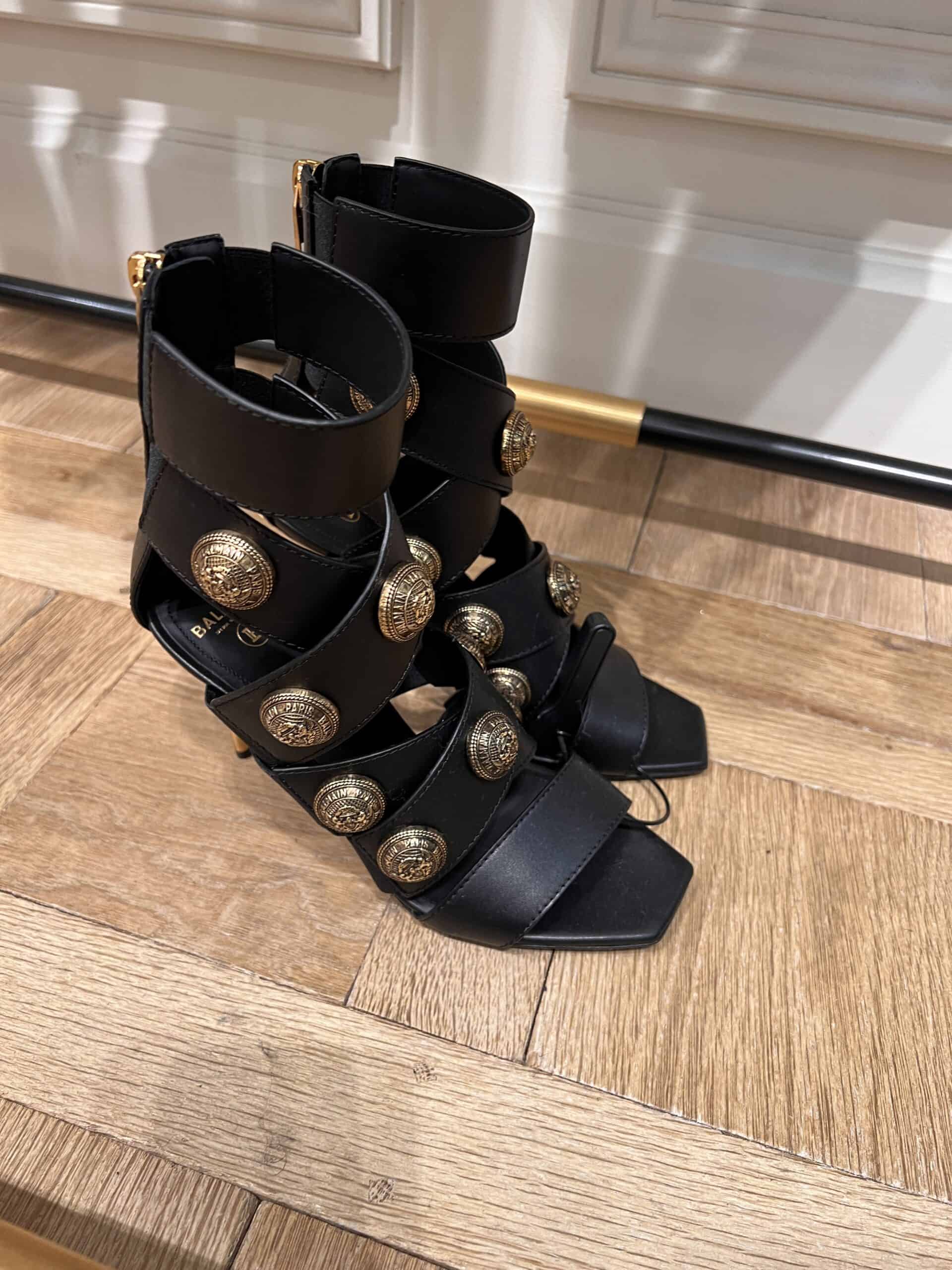62 retail women ss23 sandals strappy open booties asymmetric satin leather studs black balmain lafayette