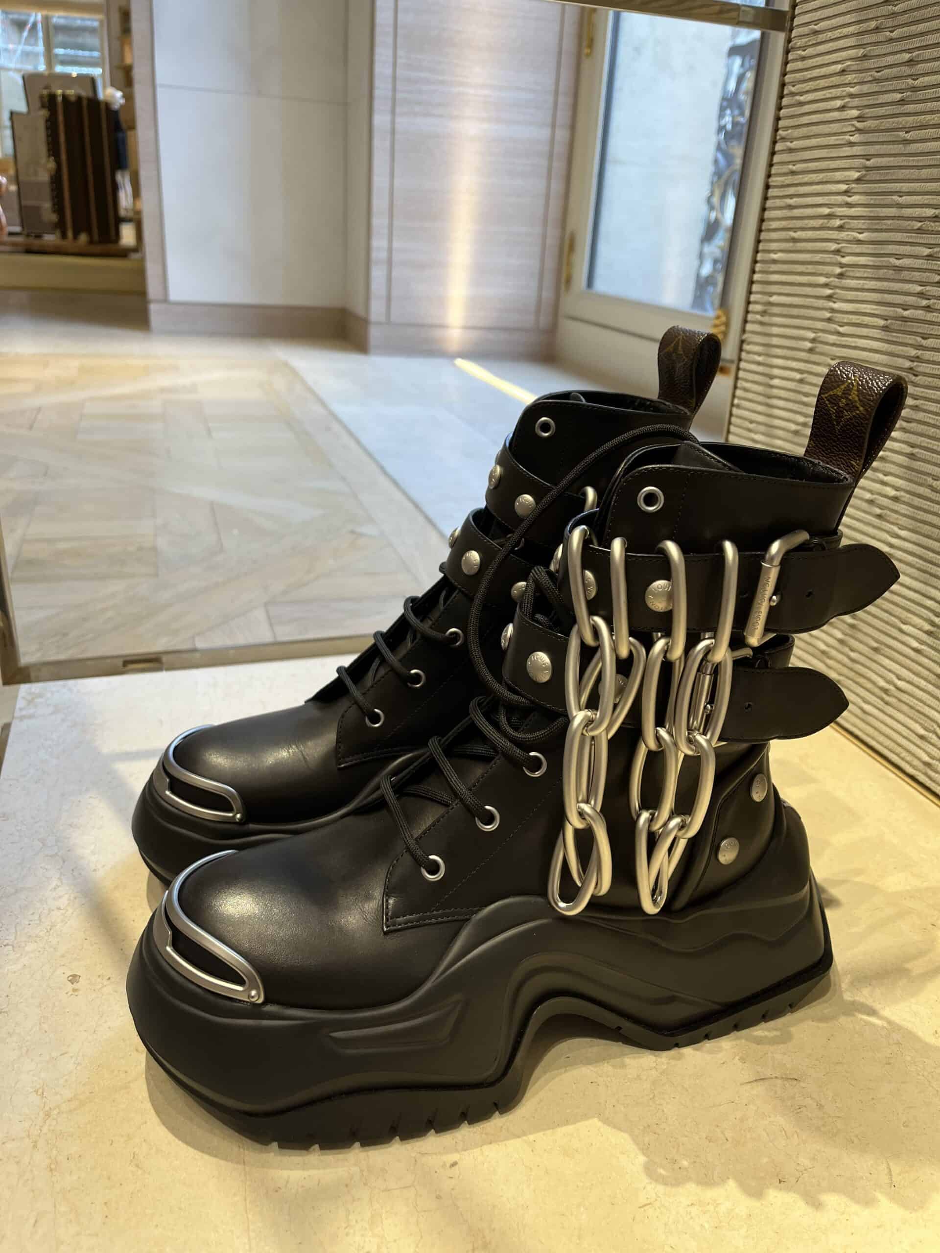 retail women ss23 biker booties rubber soles leather chains black louis vuitton 2